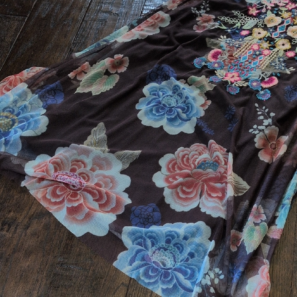 BIYA JOHNNY WAS I Floral Embroidered Mesh Sleeveless Midi Dress with Liner, S - Picture 5 of 16